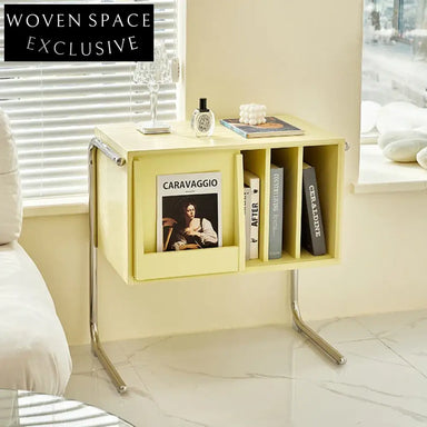 Modern Mobile Sofa Side Table with Storage, Wood-Metal Accent Cabinet