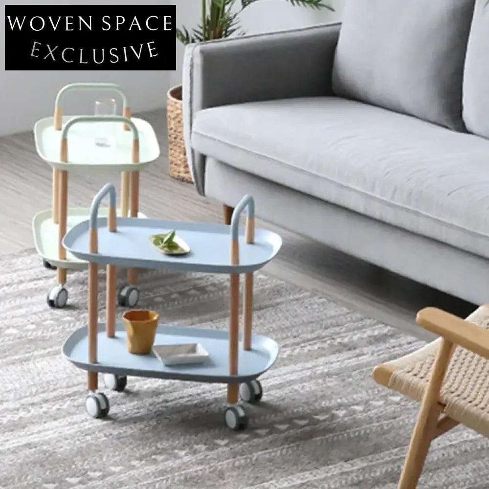 Modern Mobile Wood Storage Coffee Table with Wheels, Multifunctional Side Table