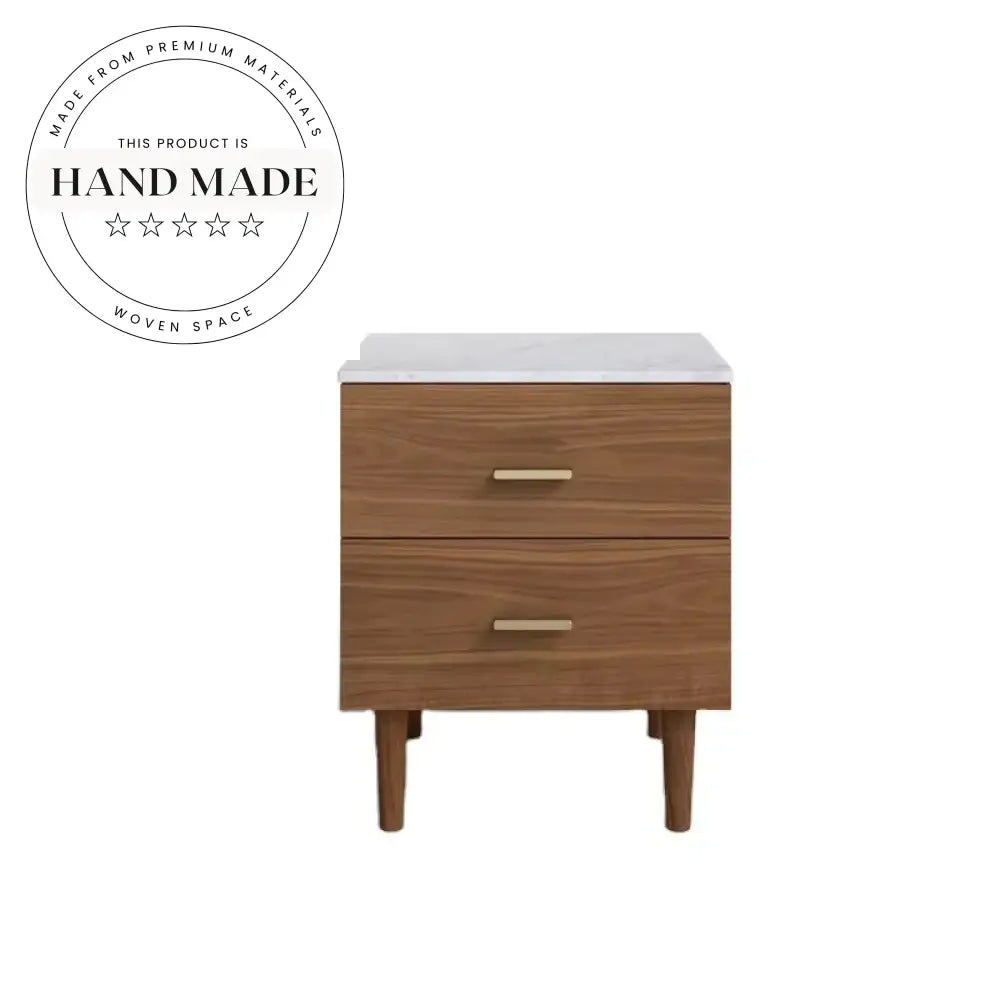 Modern Natural Oak Solid Wood Two Drawer Marble Top Nightstand
