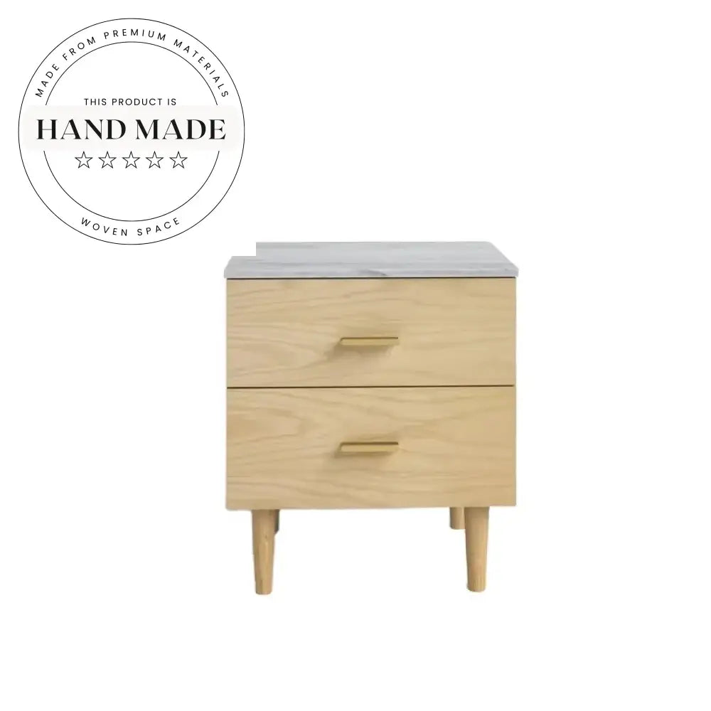 Modern Natural Oak Solid Wood Two Drawer Marble Top Nightstand