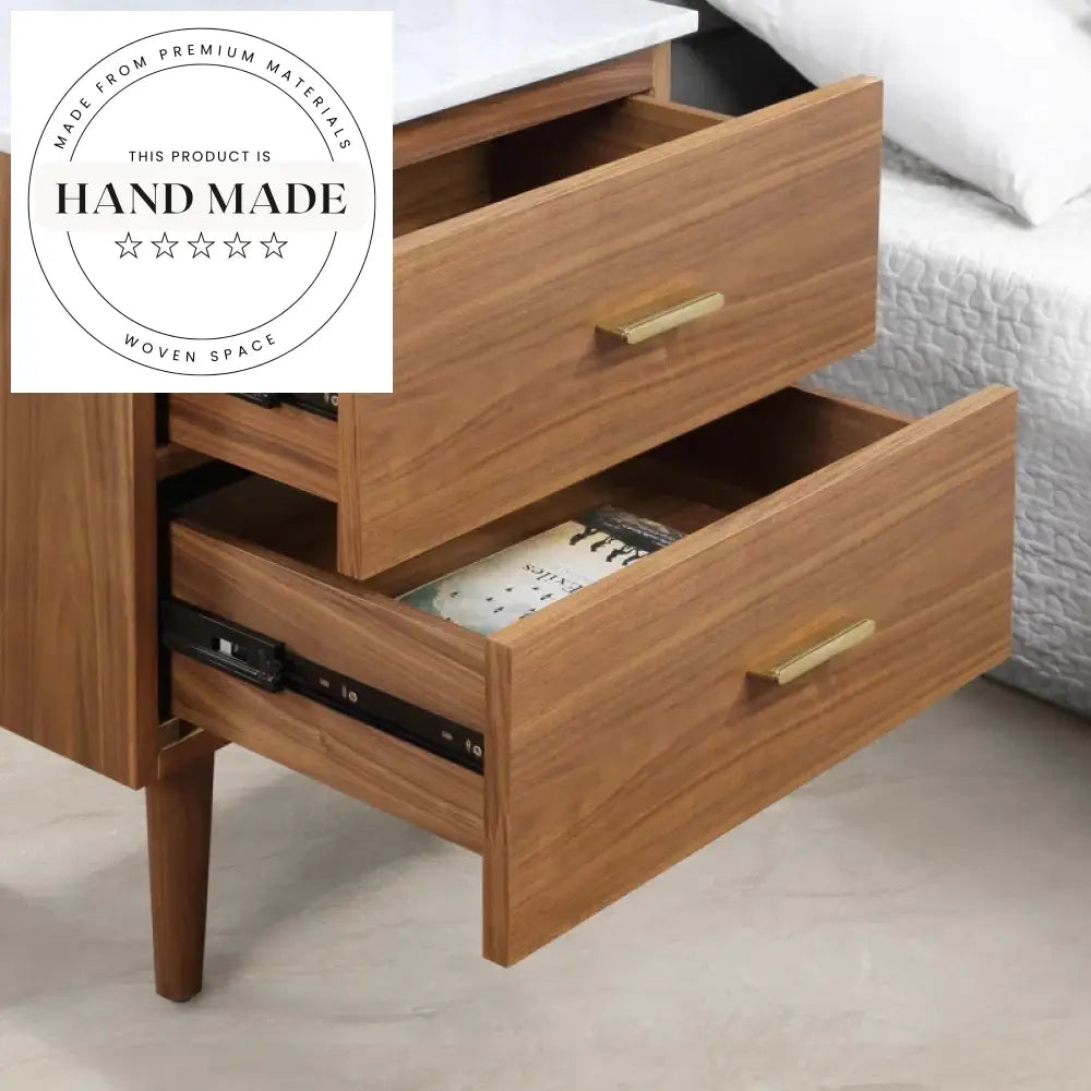 Modern Natural Oak Solid Wood Two Drawer Marble Top Nightstand