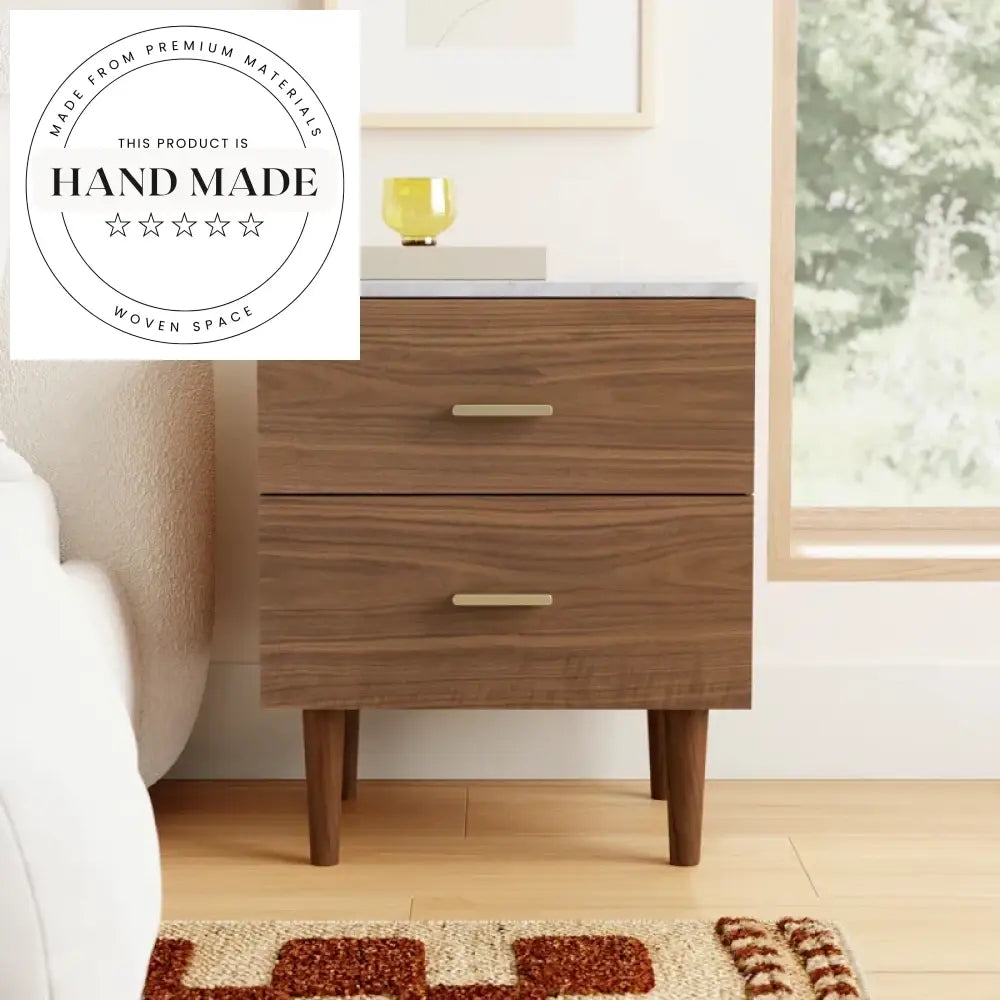 Modern Natural Oak Solid Wood Two Drawer Marble Top Nightstand