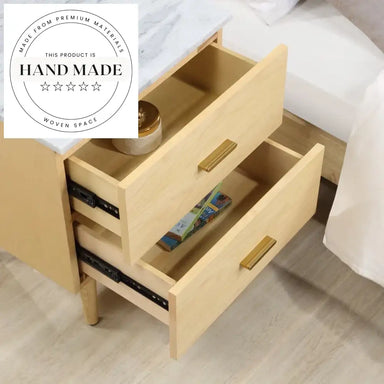 Modern Natural Oak Solid Wood Two Drawer Marble Top Nightstand