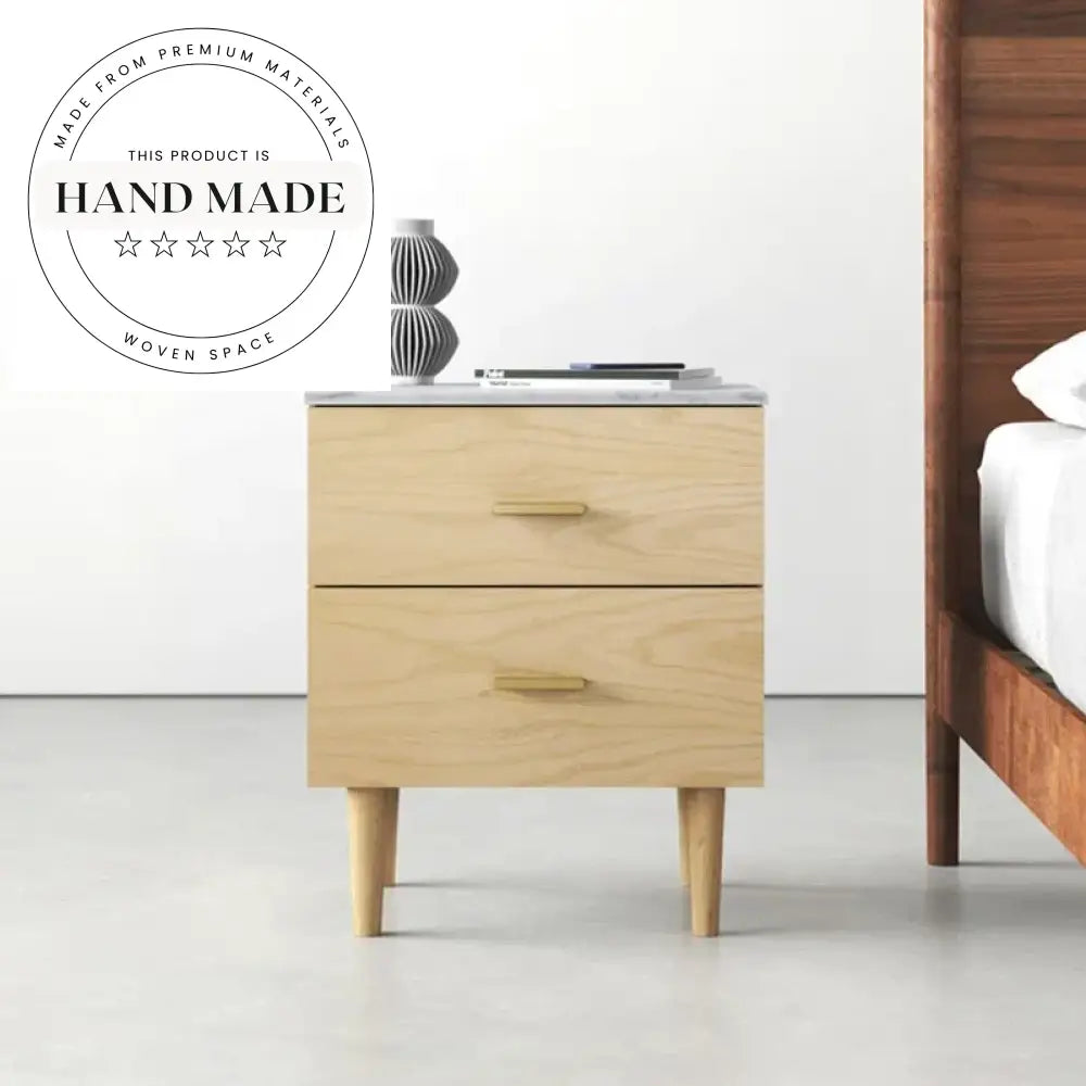 Modern Natural Oak Solid Wood Two Drawer Marble Top Nightstand