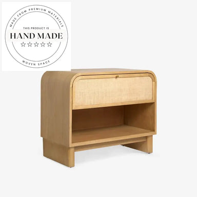 Modern Natural Oak Wood and Rattan Wavy Bedside Nightstand