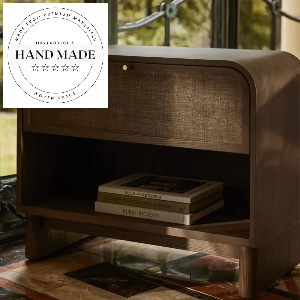 Modern Natural Oak Wood and Rattan Wavy Bedside Nightstand