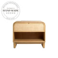 Modern Natural Oak Wood and Rattan Wavy Bedside Nightstand