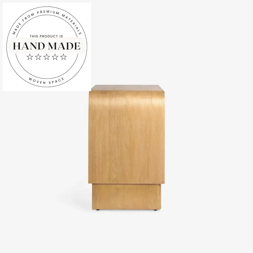 Modern Natural Oak Wood and Rattan Wavy Bedside Nightstand