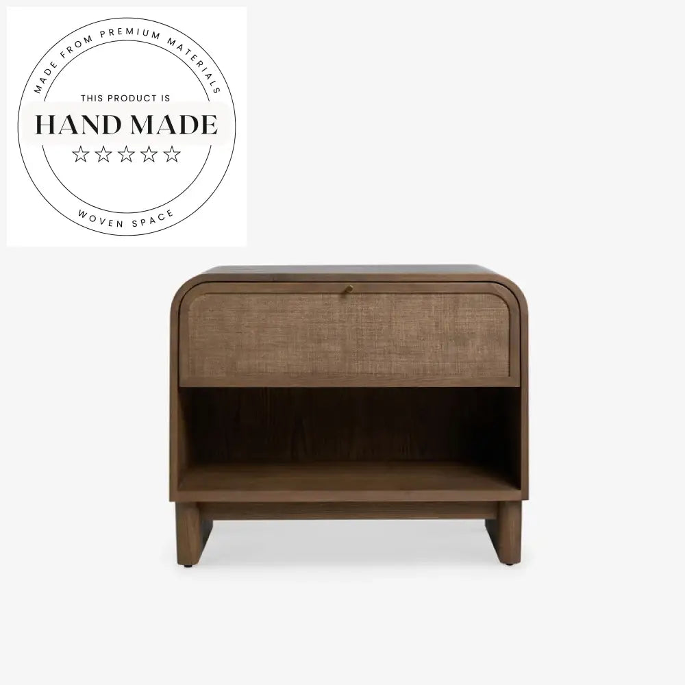 Modern Natural Oak Wood and Rattan Wavy Bedside Nightstand