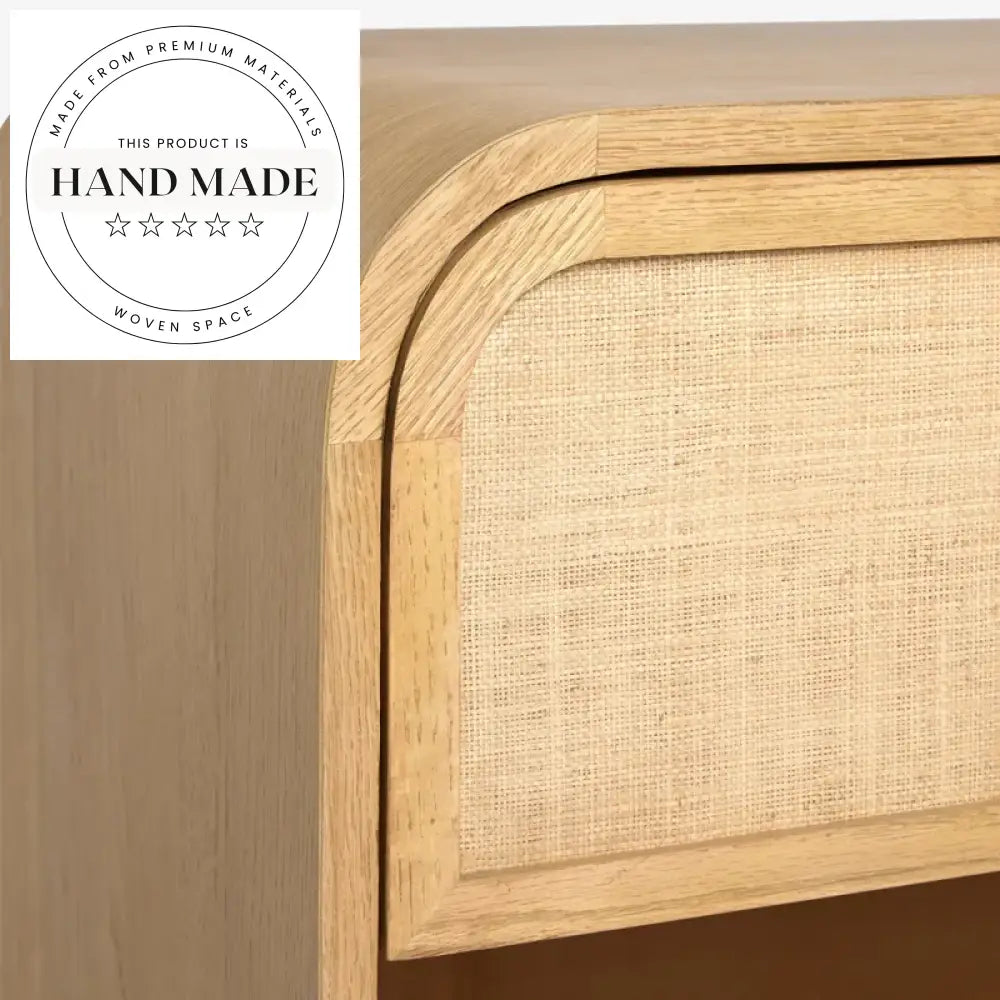 Modern Natural Oak Wood and Rattan Wavy Bedside Nightstand