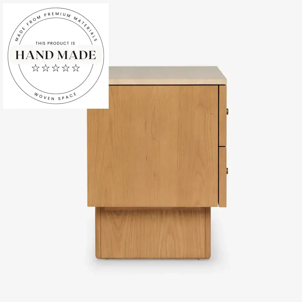 Modern Natural Oak Wood Nightstand with Elegant Travertine Marble Top