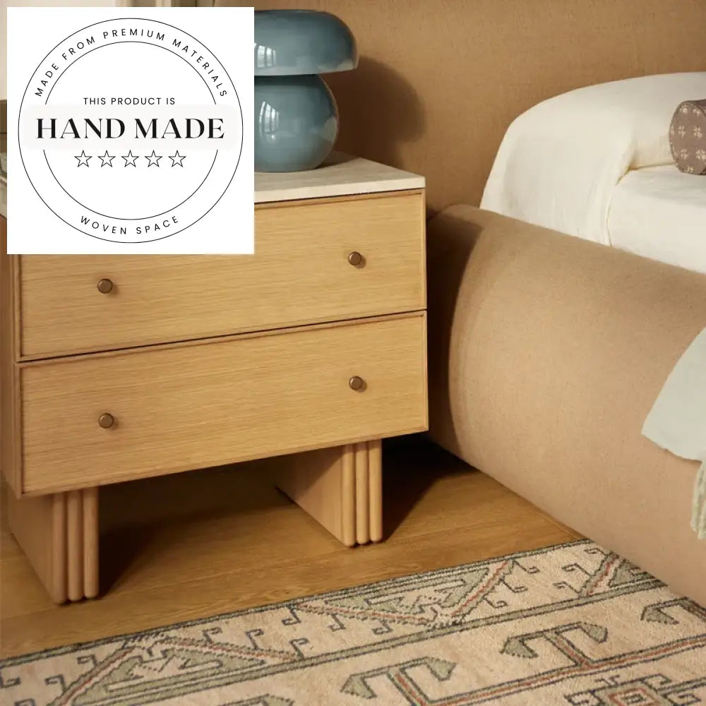 Modern Natural Oak Wood Nightstand with Elegant Travertine Marble Top