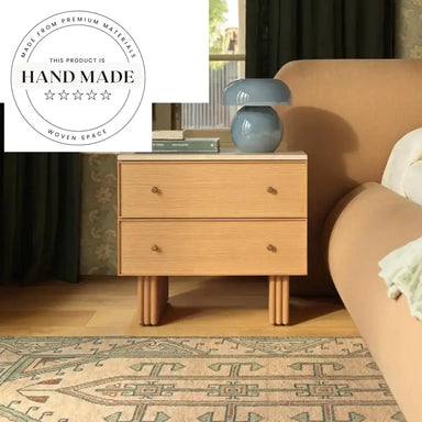 Modern Natural Oak Wood Nightstand with Elegant Travertine Marble Top