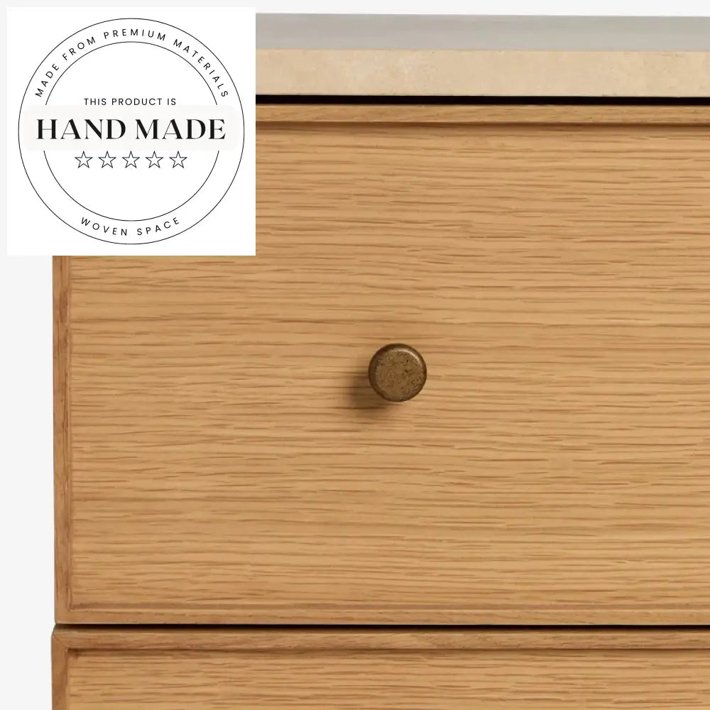 Modern Natural Oak Wood Nightstand with Elegant Travertine Marble Top