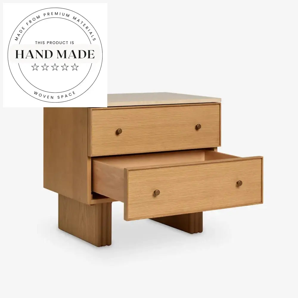 Modern Natural Oak Wood Nightstand with Elegant Travertine Marble Top