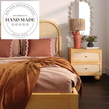 Modern Natural Oak Wood Rattan Wavy 2-Drawer Bedside Nightstand