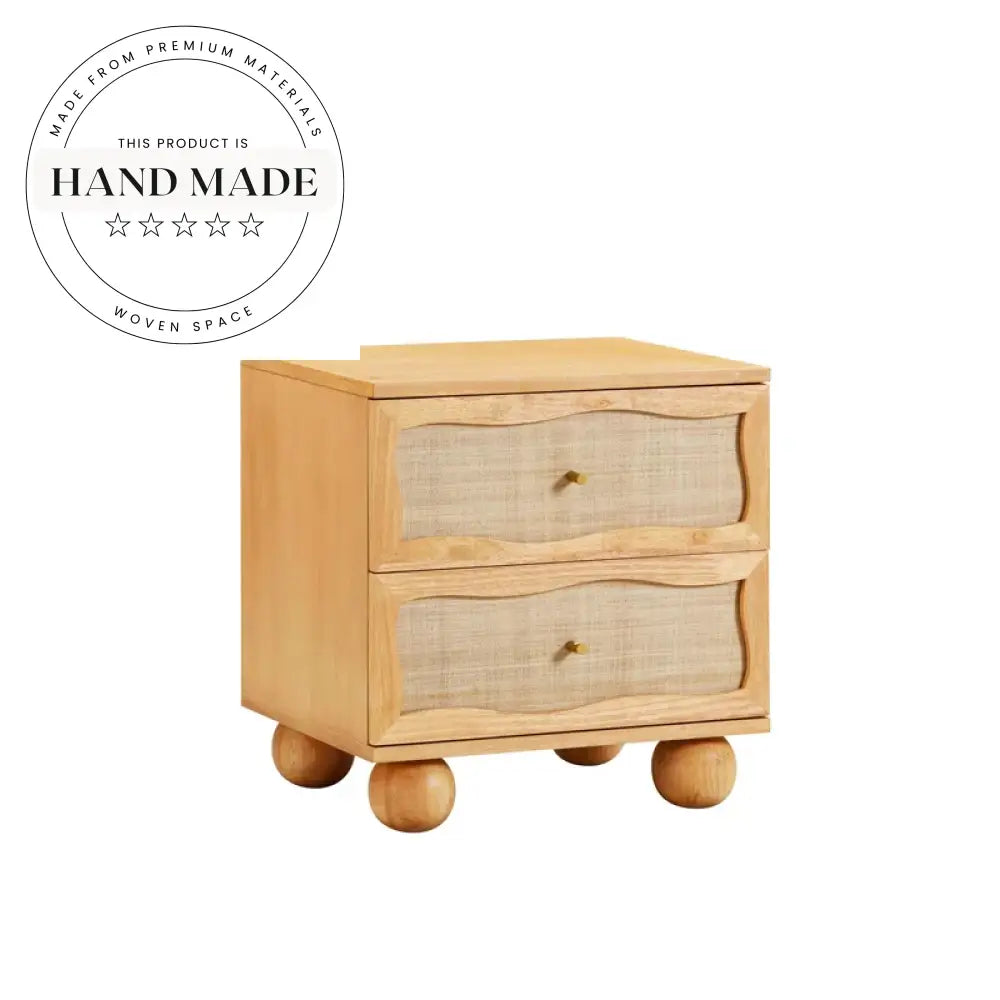 Modern Natural Oak Wood Rattan Wavy 2-Drawer Bedside Nightstand