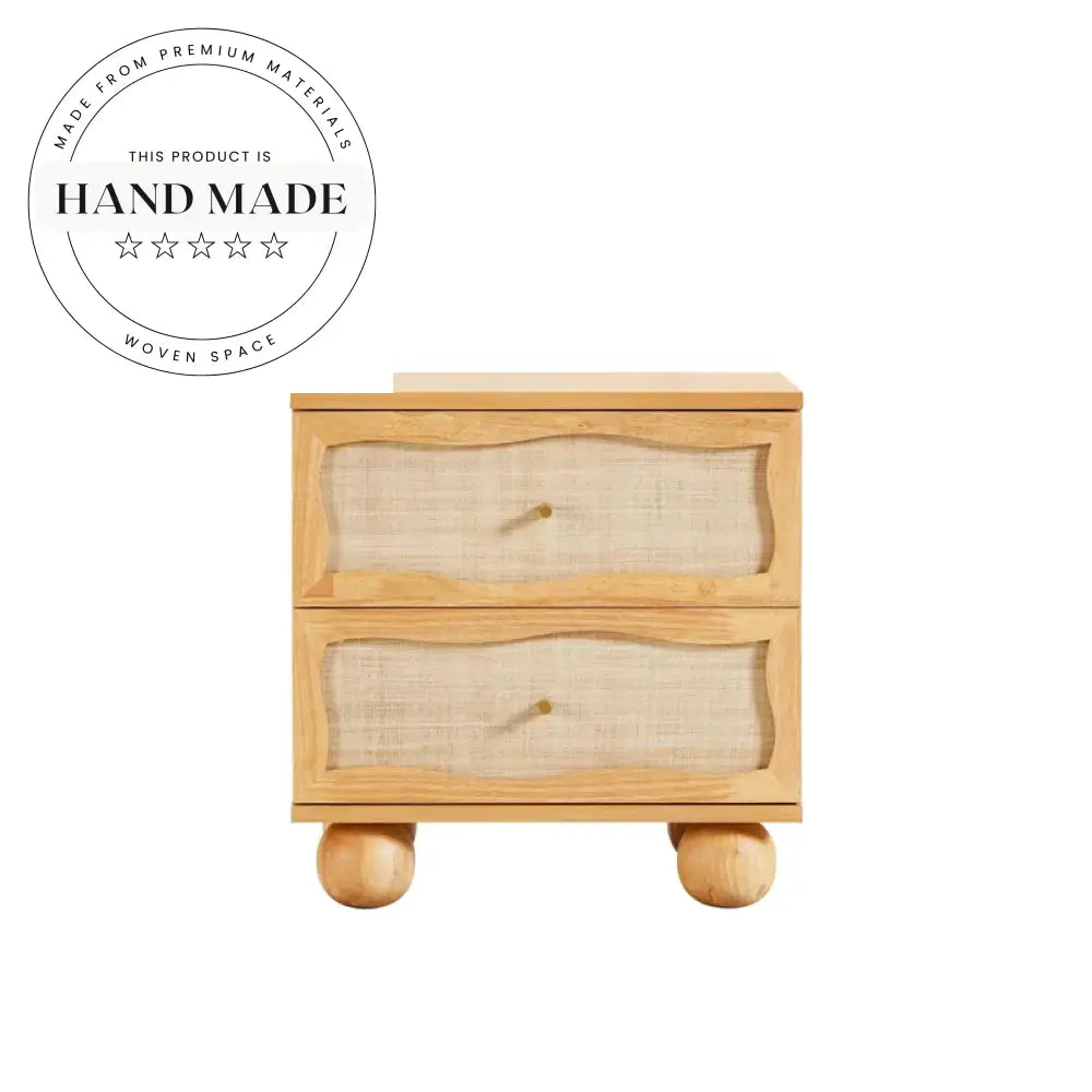 Modern Natural Oak Wood Rattan Wavy 2-Drawer Bedside Nightstand