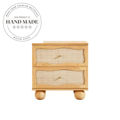 Modern Natural Oak Wood Rattan Wavy 2-Drawer Bedside Nightstand