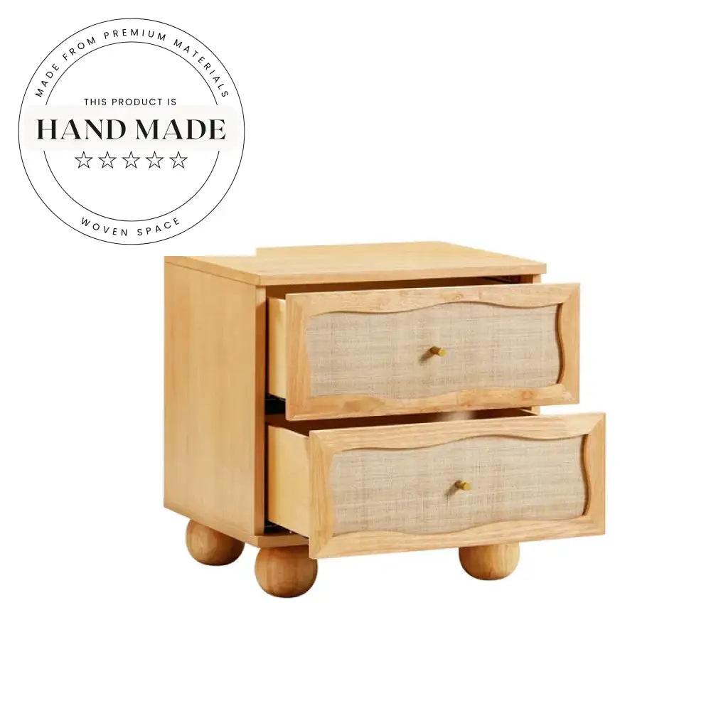 Modern Natural Oak Wood Rattan Wavy 2-Drawer Bedside Nightstand