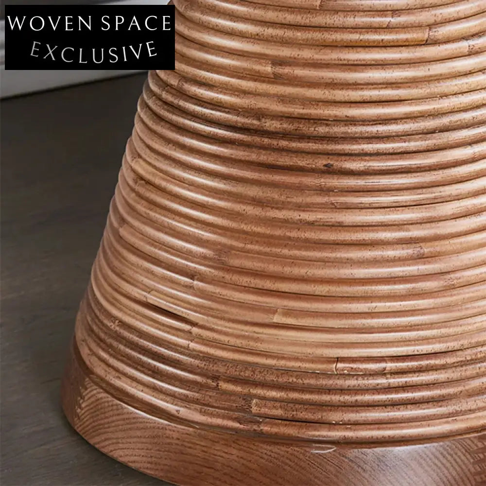 Modern Natural Wood Round Coffee Table with Rattan Column Base Design