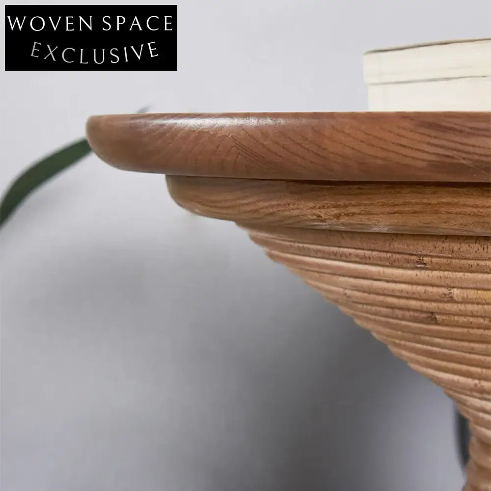 Modern Natural Wood Round Coffee Table with Rattan Column Base Design