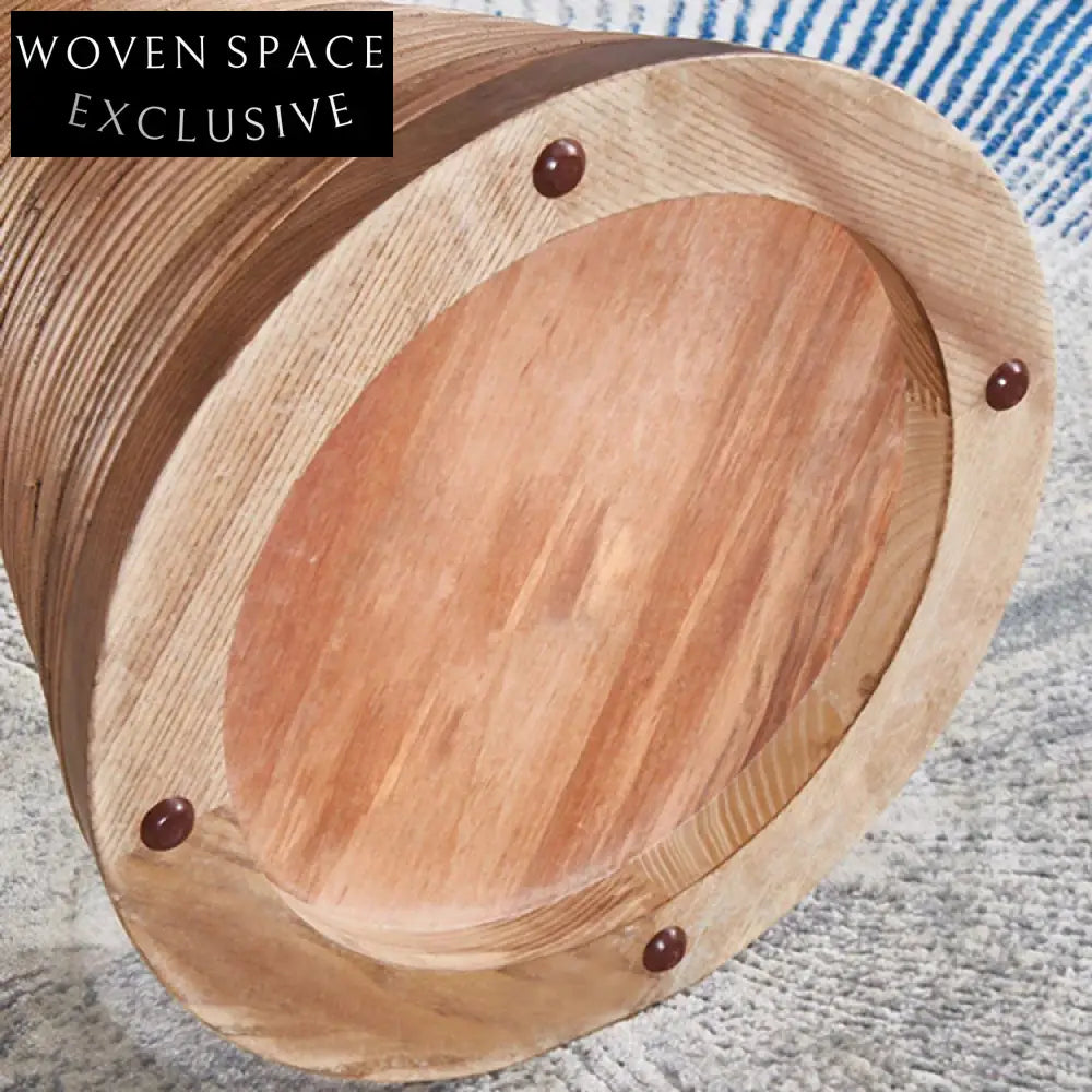 Modern Natural Wood Round Coffee Table with Rattan Column Base Design