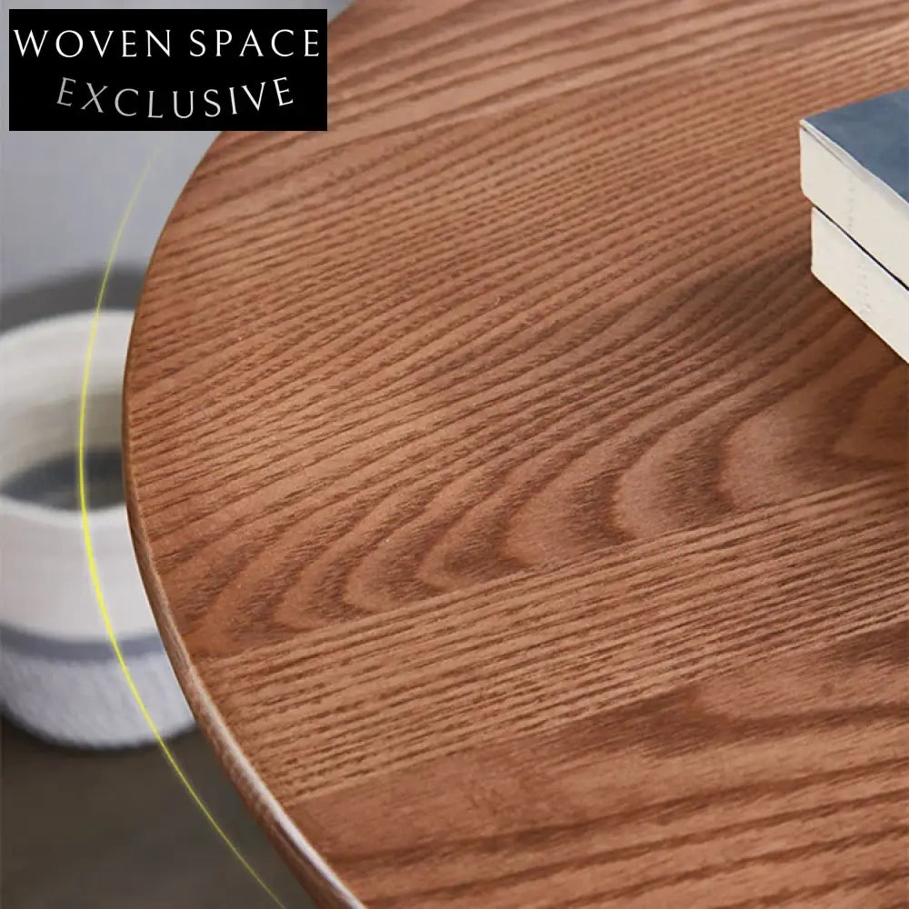Modern Natural Wood Round Coffee Table with Rattan Column Base Design