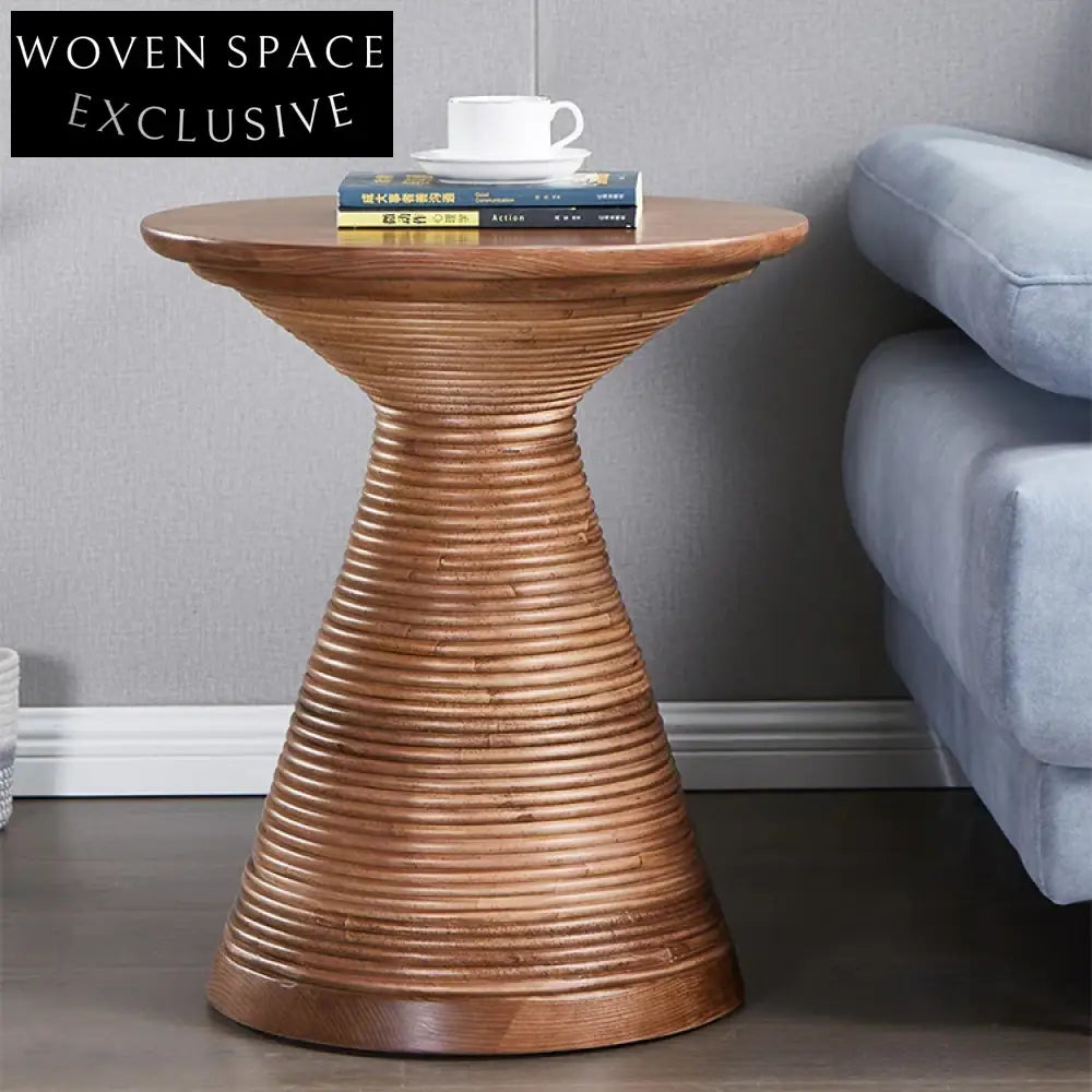 Modern Natural Wood Round Coffee Table with Rattan Column Base Design