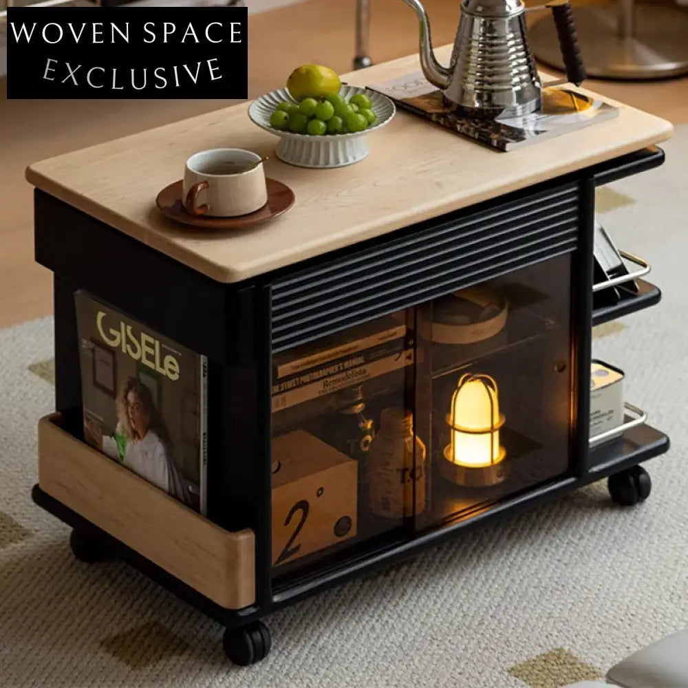 Modern Natural Wood Veneer Top Storage Coffee Table with Carbon Steel Frame