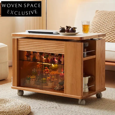 Modern Natural Wood Veneer Top Storage Coffee Table with Carbon Steel Frame