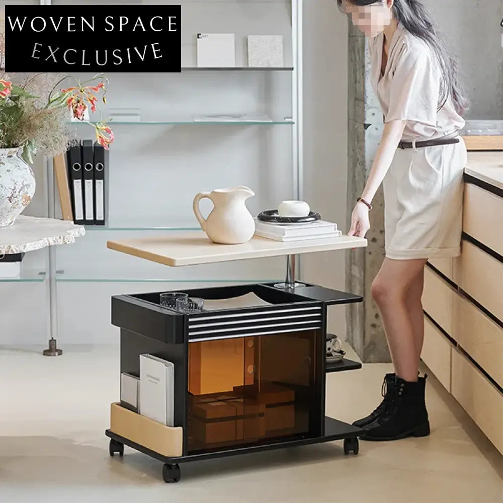 Modern Natural Wood Veneer Top Storage Coffee Table with Carbon Steel Frame