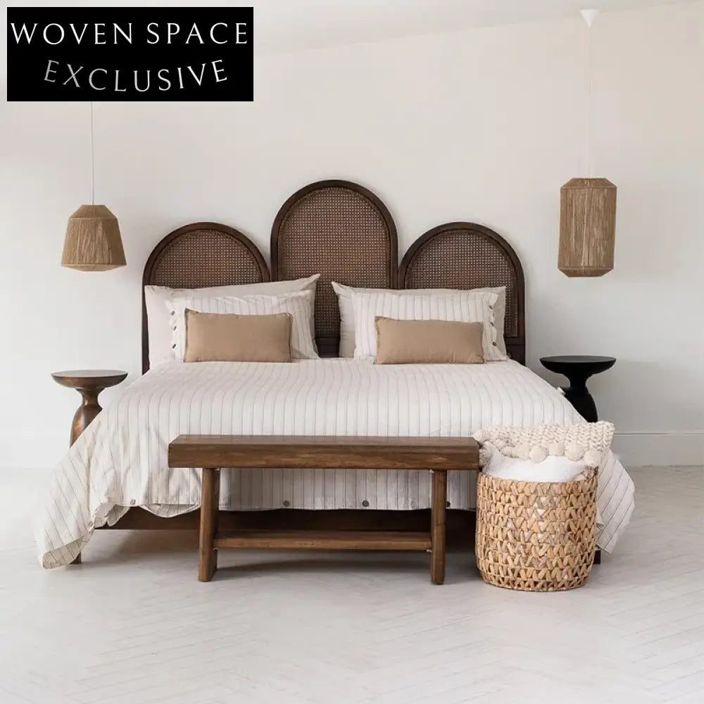 Modern Nordic King Size Solid Wood Bed with Rattan Headboard Platform Bed