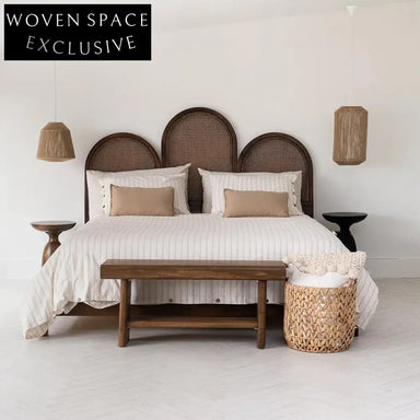 Modern Nordic King Size Solid Wood Bed with Rattan Headboard Platform Bed