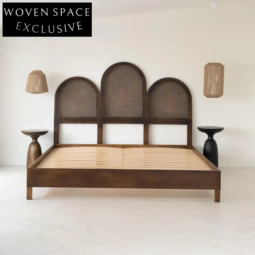 Modern Nordic King Size Solid Wood Bed with Rattan Headboard Platform Bed