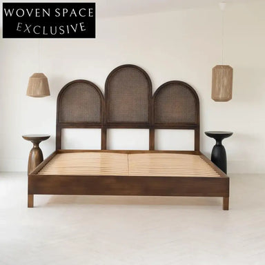 Modern Nordic King Size Solid Wood Bed with Rattan Headboard Platform Bed