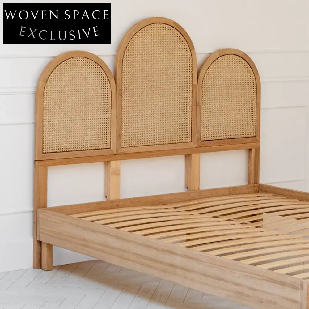 Modern Nordic King Size Solid Wood Bed with Rattan Headboard Platform Bed