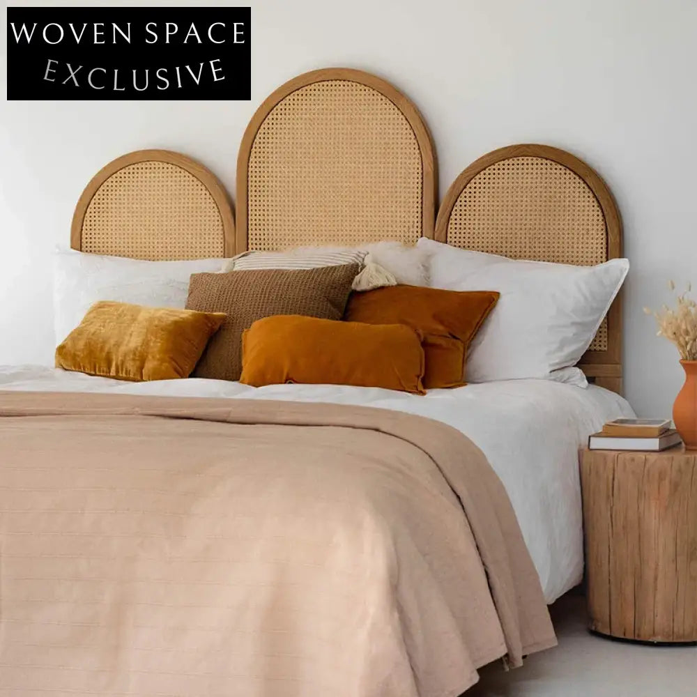 Modern Nordic King Size Solid Wood Bed with Rattan Headboard Platform Bed