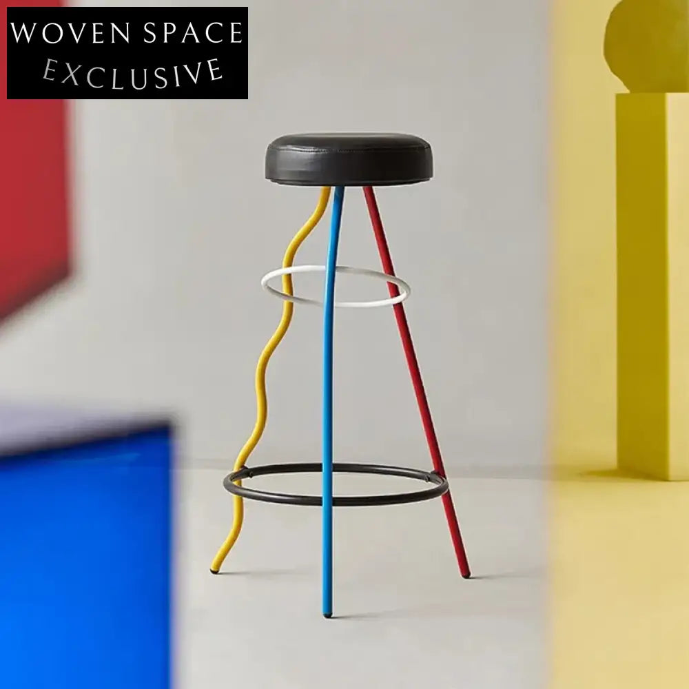 Modern Nordic Leather Round Kitchen Bar Stool with Black Metal Legs