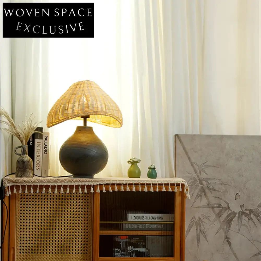 Modern Nordic LED Table Lamp with Rattan Shade for Bedroom Reading