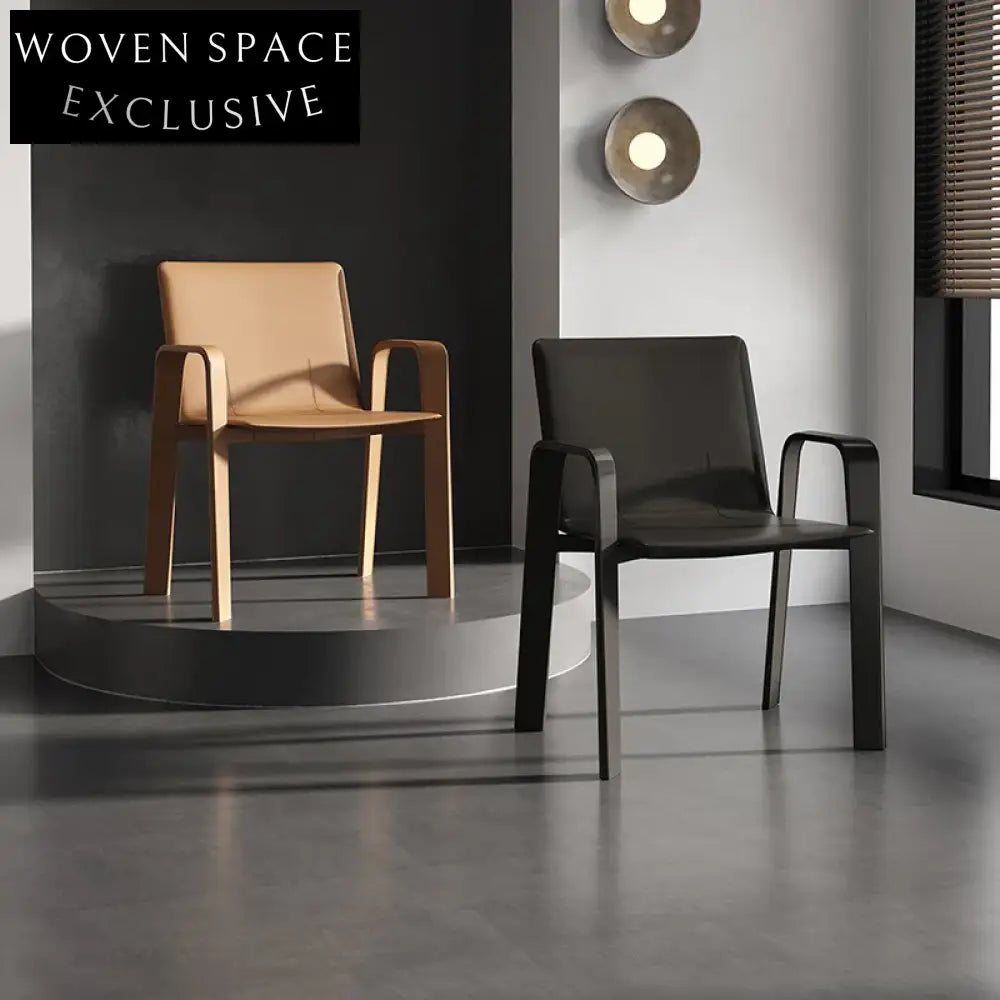 Modern Nordic Minimalist Metal Frame Saddle Leather Armrest Dining Chair