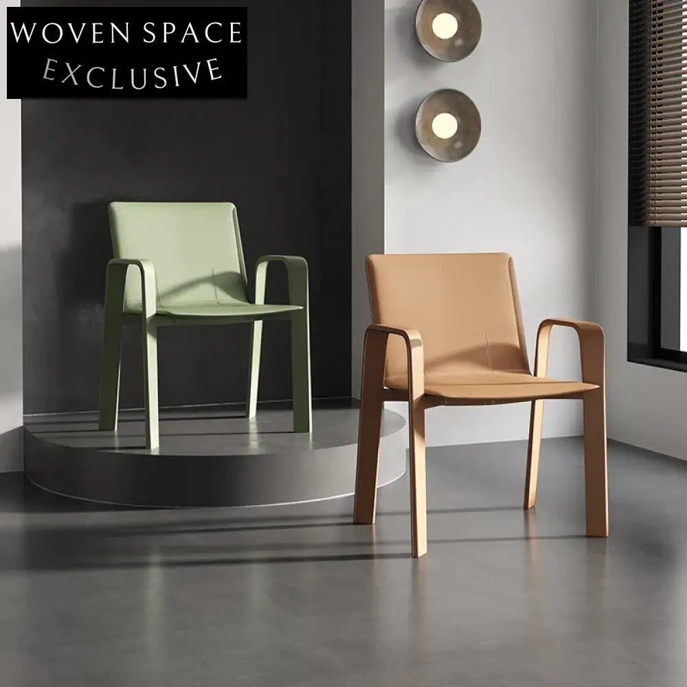 Modern Nordic Minimalist Metal Frame Saddle Leather Armrest Dining Chair