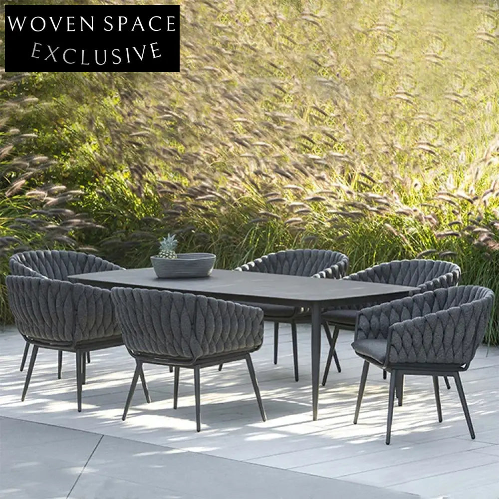 Modern Nordic Rattan Outdoor Dining Set with Metal Table for 6