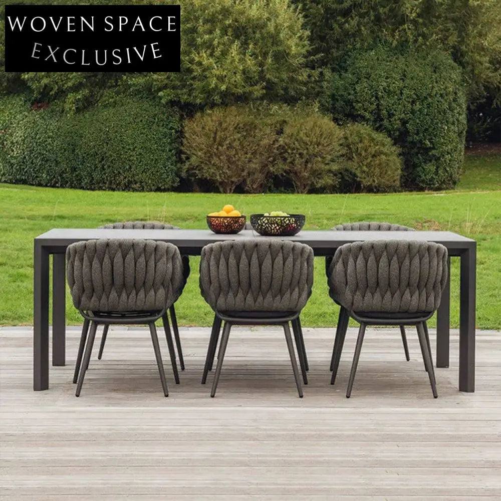 Modern Nordic Rattan Outdoor Dining Set with Metal Table for 6