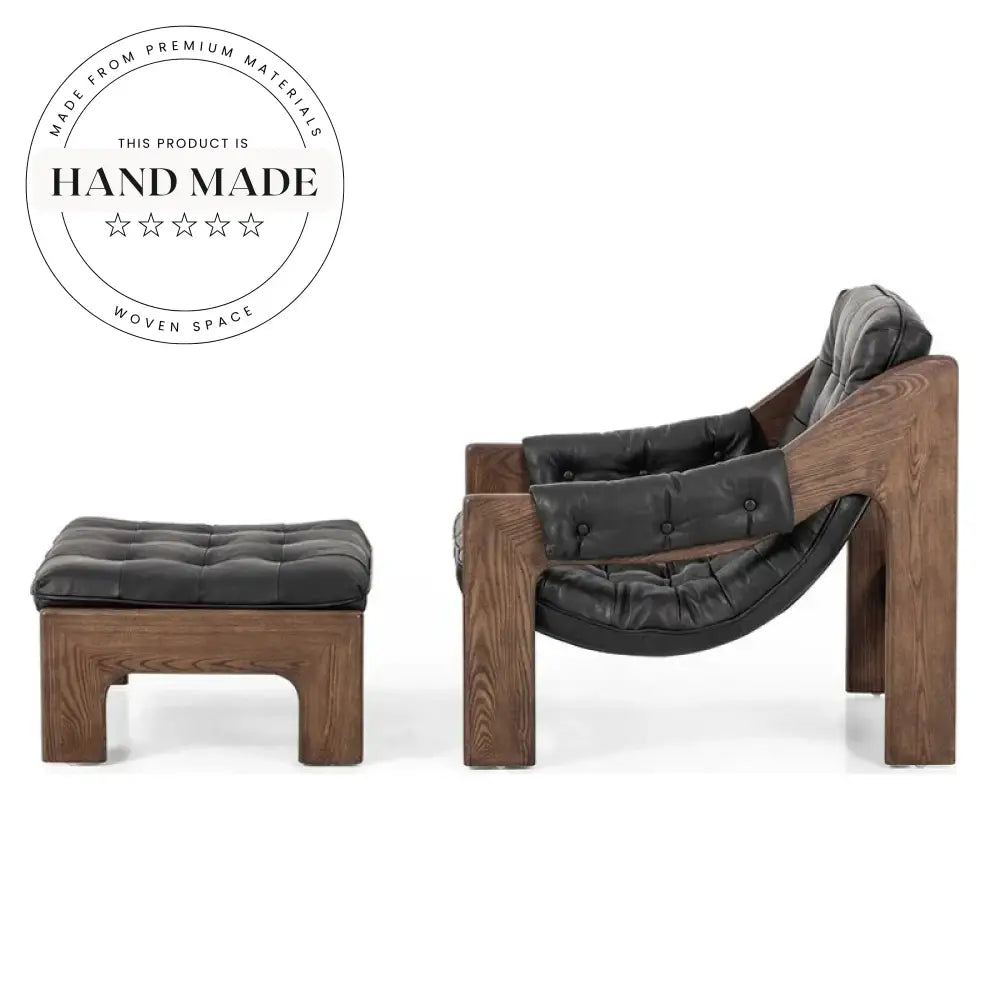 Modern Nordic Retro Recliner Armchair Solid Wood Frame Black Leather Seat