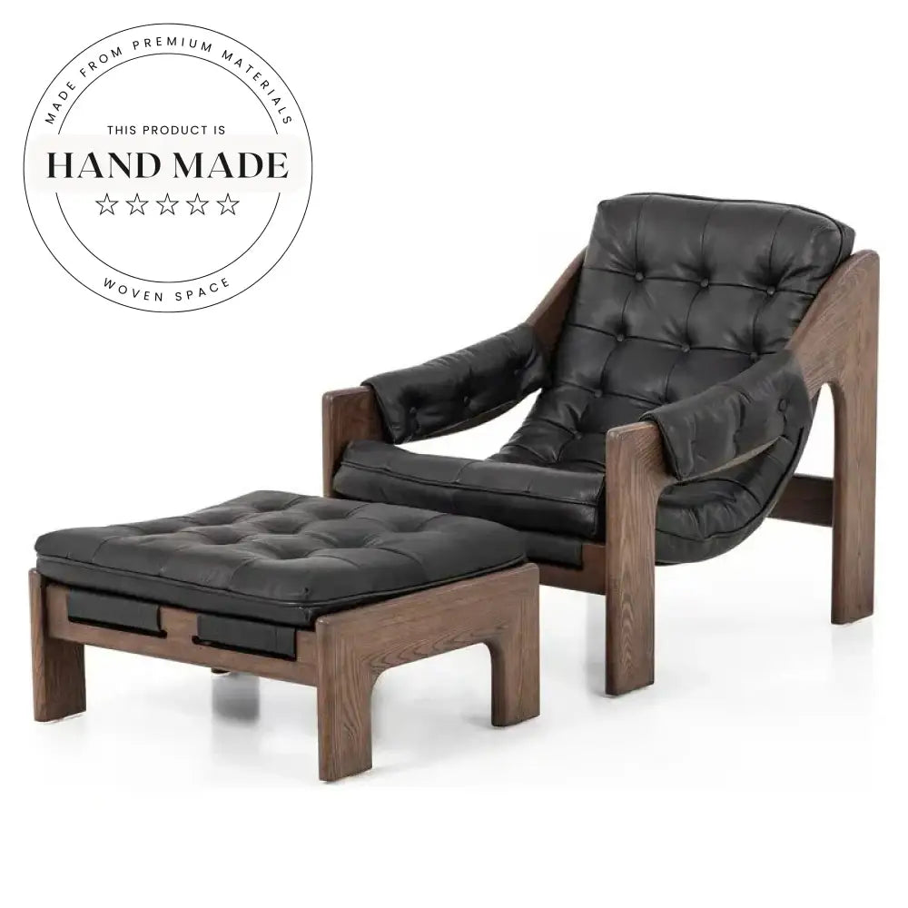 Modern Nordic Retro Recliner Armchair Solid Wood Frame Black Leather Seat