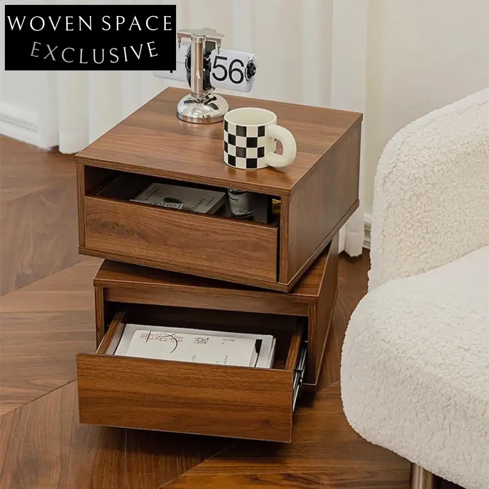 Modern Nordic Rotatable Walnut Wood Bedside Table with Storage Drawers