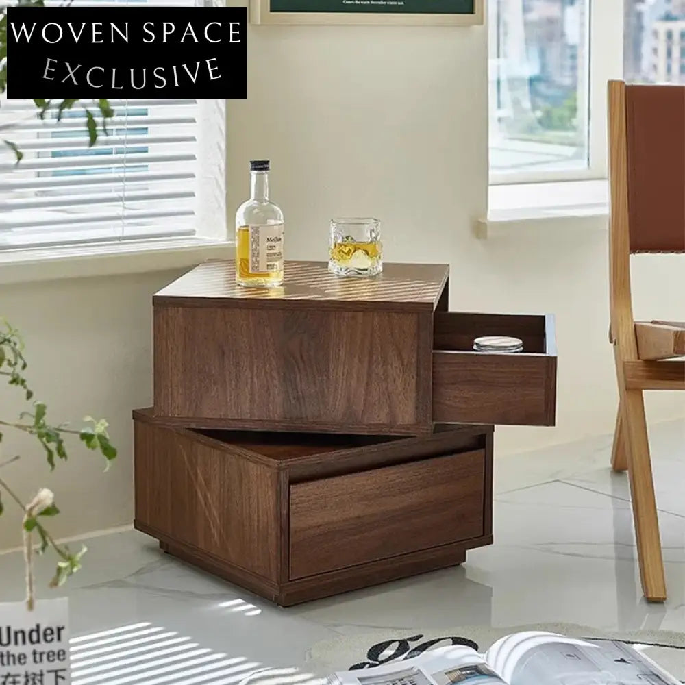 Modern Nordic Rotatable Walnut Wood Bedside Table with Storage Drawers
