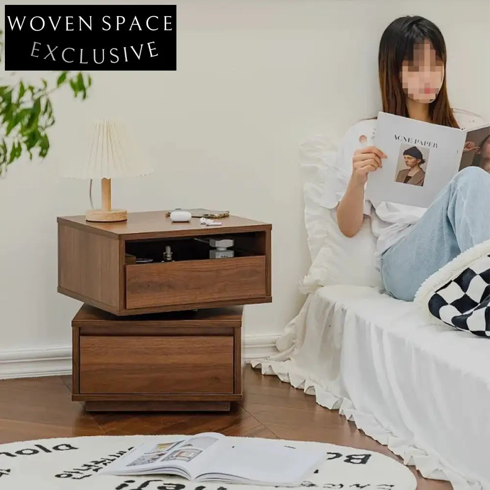 Modern Nordic Rotatable Walnut Wood Bedside Table with Storage Drawers