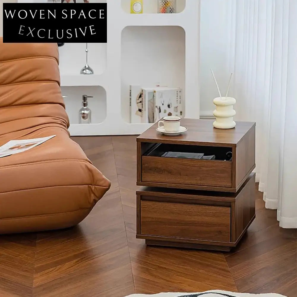 Modern Nordic Rotatable Walnut Wood Bedside Table with Storage Drawers